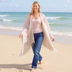 Soia & Kyo Fringe Blanket Wrap Shawl Poncho Beige Cream Pink One Size